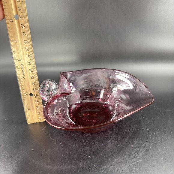 Pilgrim Heart Shaped Nappy Handle Cranberry Glass Dish Hand Blown Glass W Handle - Picture 7 of 16